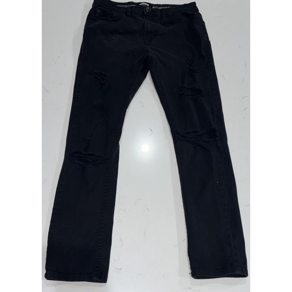 WT02 Skinny Distressed Black Denim Jeans Button Zip Men's Solid 5-Pocket